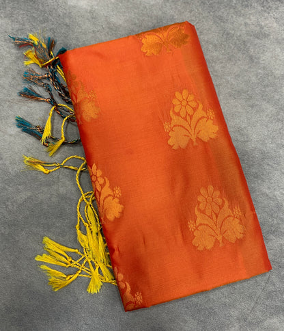 Soft Vegan Silk Saree Orange Colour with Light Green and Copper Border
