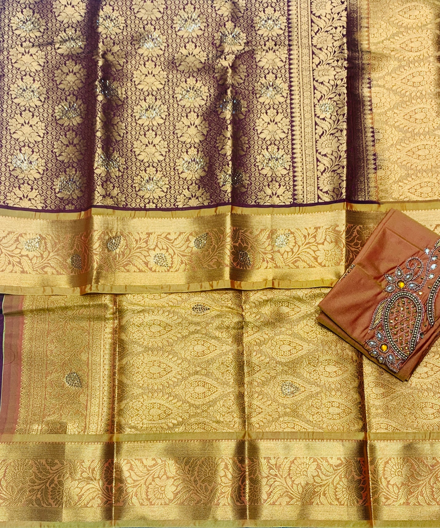 Bridal Vegan Silk Saree Maroon shade with Golden Yellow Border with Unstitched blouse in Aari Work