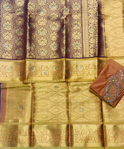 Bridal Vegan Silk Saree Maroon shade with Golden Yellow Border with Unstitched blouse in Aari Work