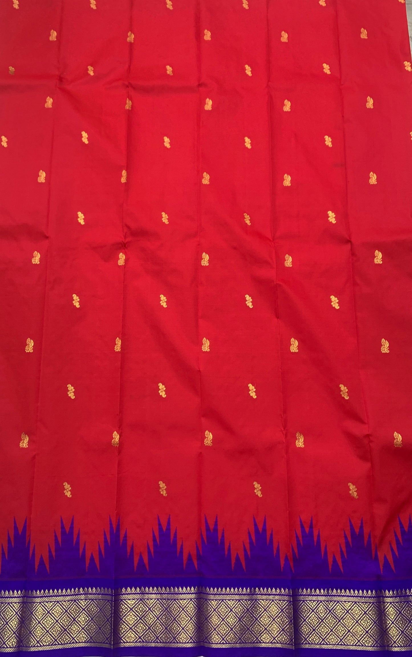 Pure Kanchipuram Silk Saree Red Colour with Blue and Gold Zari Border