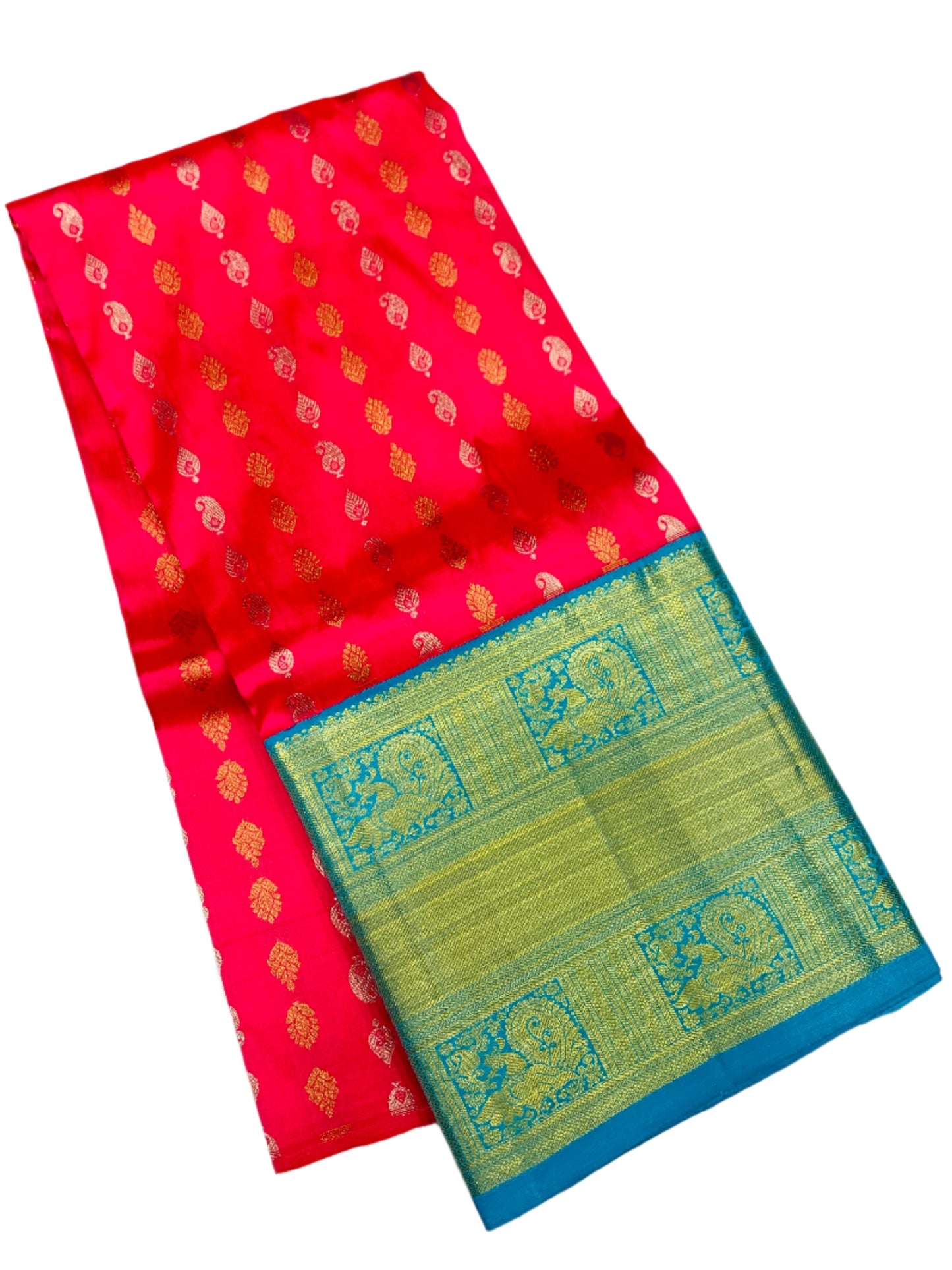 Pinkish Red shade Pure Kanchipuram Kids Pattu Pavadai with contrast border for age 5 to 10