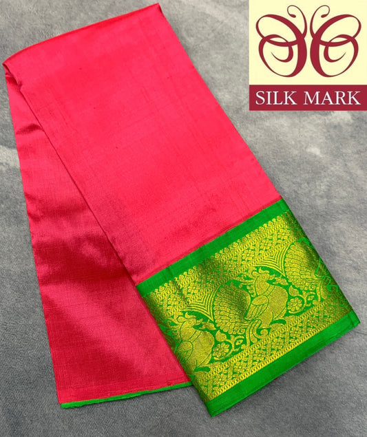 Tomato Pink Shade Pure Kanchipuram Kids Pattu Pavadai with Contrast Border for Newborn to 2 Years