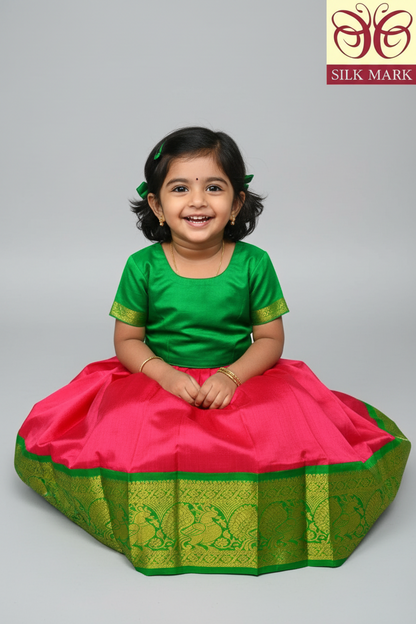 Tomato Pink Shade Pure Kanchipuram Kids Pattu Pavadai with Contrast Border for Newborn to 2 Years