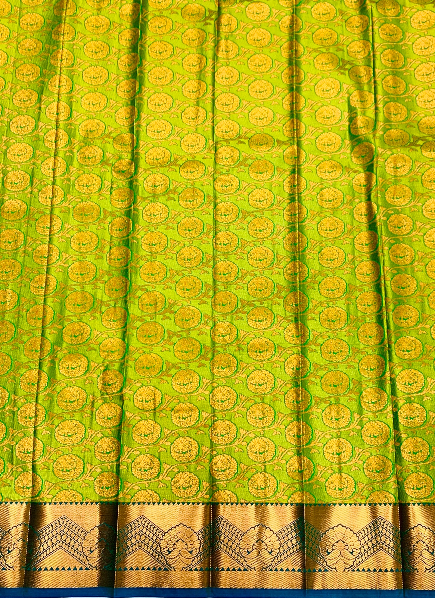 Vegan Silk Saree Light Green Colour with Copper and Blue Border