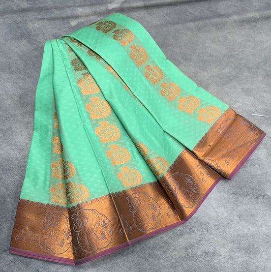 Vegan Silk Saree Light Green Colour Saree with Copper and Pink Border