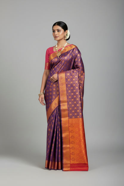 Vegan Silk Saree Blue Colour with Magenta and Copper Border
