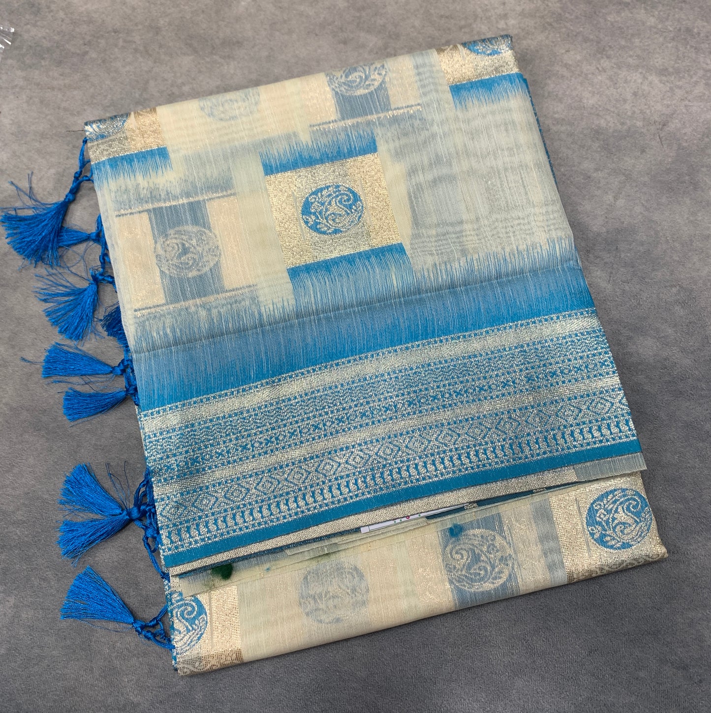 Banaras Katan Saree Off White Colour with Sky Blue Katan Work Border