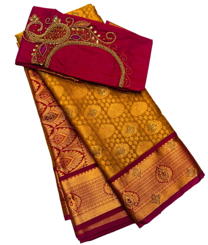 Bridal Vegan Silk Saree Mustard shade with Pink Border with Unstitched blouse in Aari work