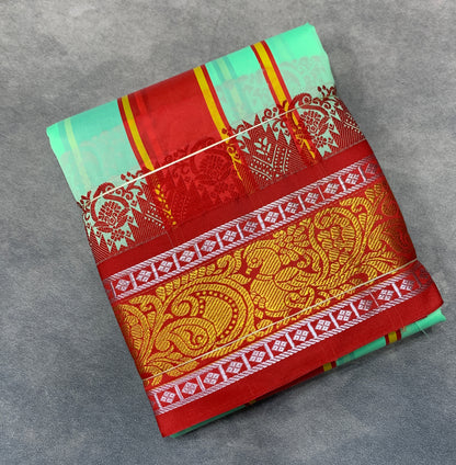 Art Silk Dhothi 9X5 Mint Green Colour with Red and Green Colour Ganga Jamuna Border