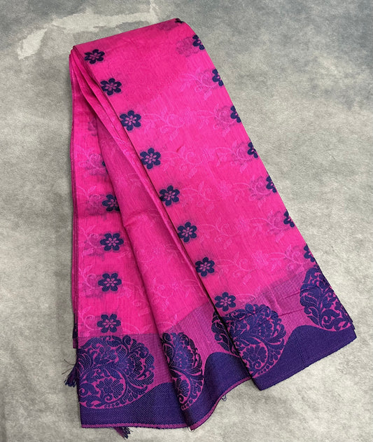 Pink Colour silk cotton Saree with Blue Border