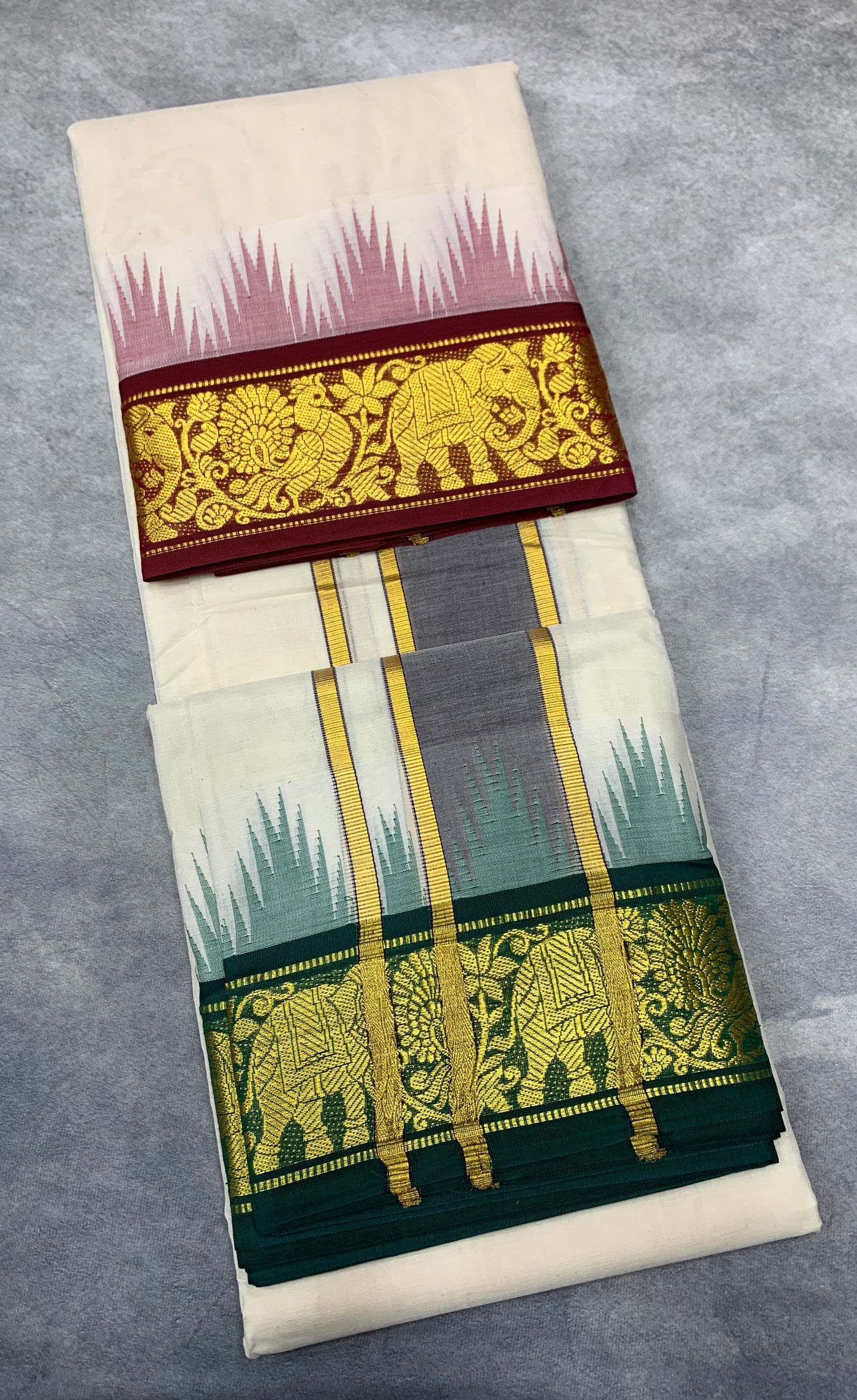 Korvai Cotton Dhoti Half White Colour with Maroon and Green Border