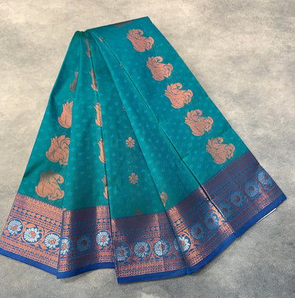 Vegan Silk Saree Rama Blue Colour Saree with Copper Border