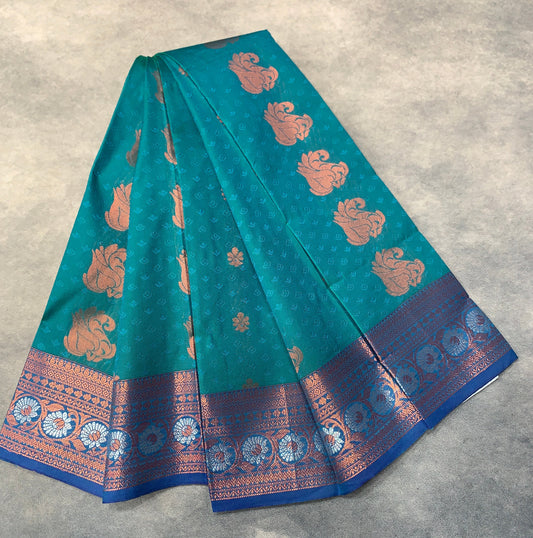 Vegan Silk Saree Rama Blue Colour Saree with Copper Border