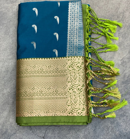 Art Silk Saree Peacock Green Colour with Olive Green Colour Border