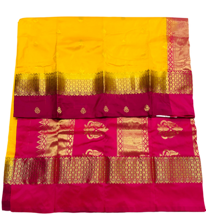 Pure Kanchipuram Silk Yellow Colour with Pink Border