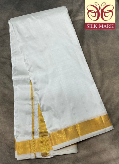 9X5 Pure Silk Dhoti White Colour with Large Golden Zari Border