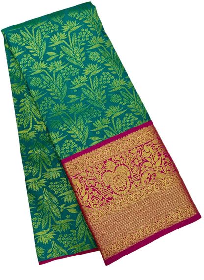 Peacock Green shade Vegan Silk Kids Pattu Pavadai with Contrast border for age above 10 years