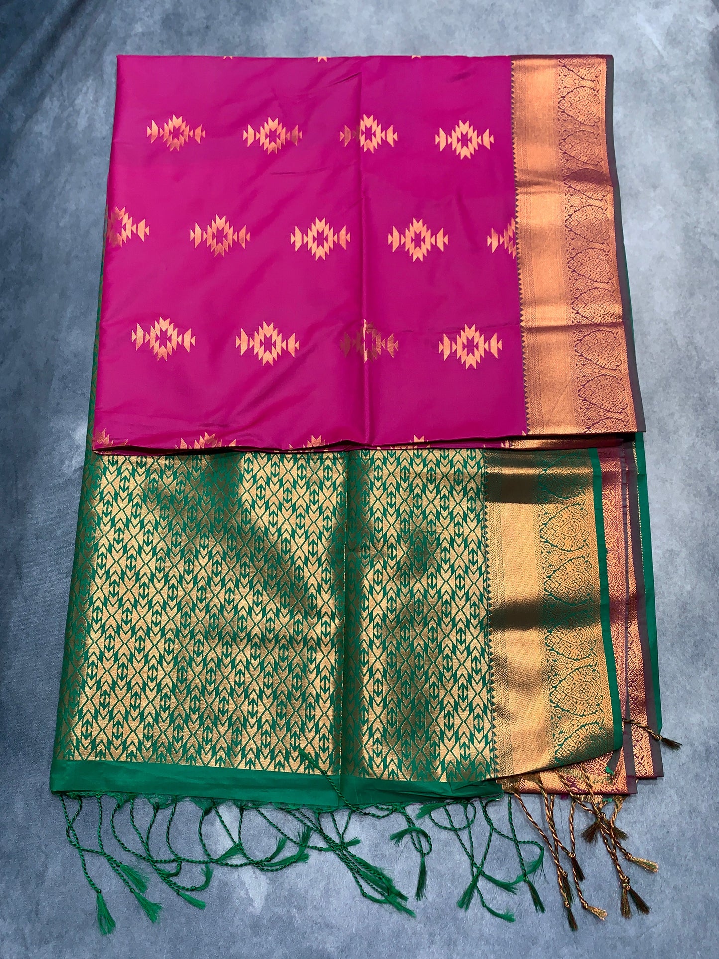 Soft Vegan Silk Saree Pink Colour with Light Green and Copper Border