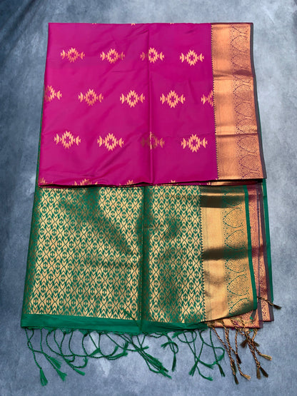 Soft Vegan Silk Saree Pink Colour with Light Green and Copper Border