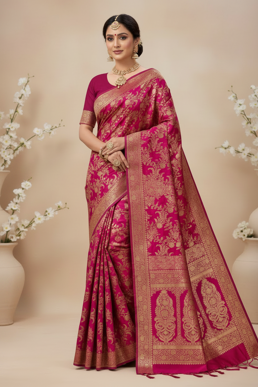 Pure Banaras Silk Saree Pink Colour with Self Colour Banarasi border