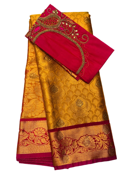 Bridal Vegan Silk Saree Mustard shade with Pink Border with Unstitched blouse in Aari work