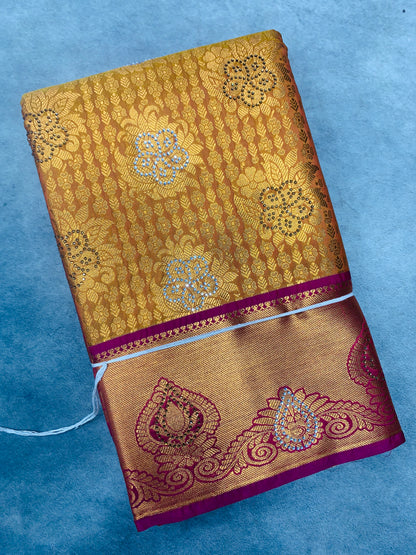 Vegan Silk Saree Mustard Colour with Copper and Pink Border