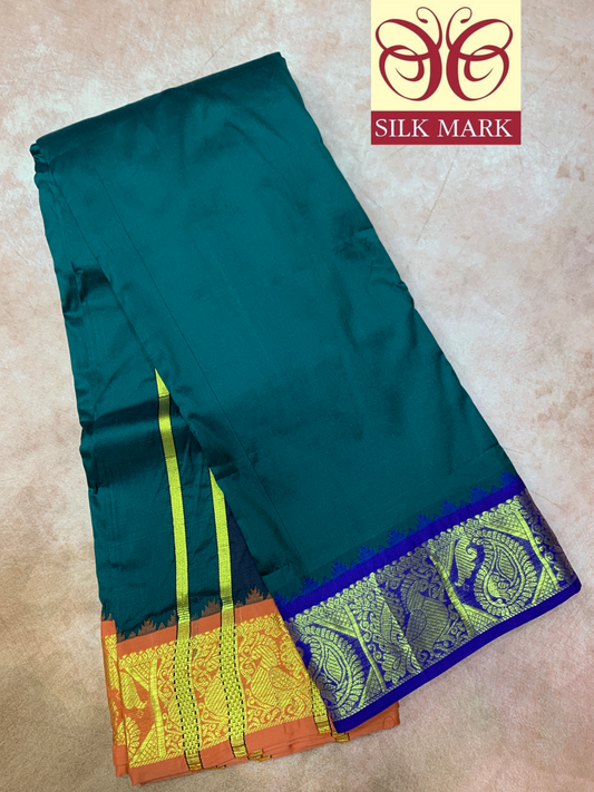 9X5 Pure Silk Dhoti Green Colour with Blue and Orange Ganga Jamuna Border