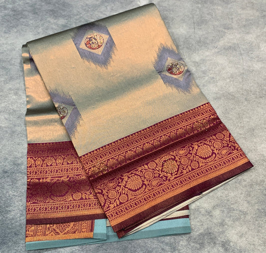 Art Silk Saree Gray  Colour and Stone Work with Magenta Border