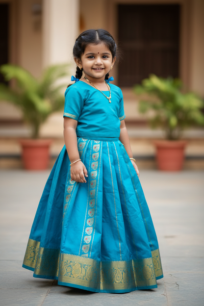 Sky Blue shade Semi silk Kids Pattu Pavadai with Contrast border for age 5 to 10