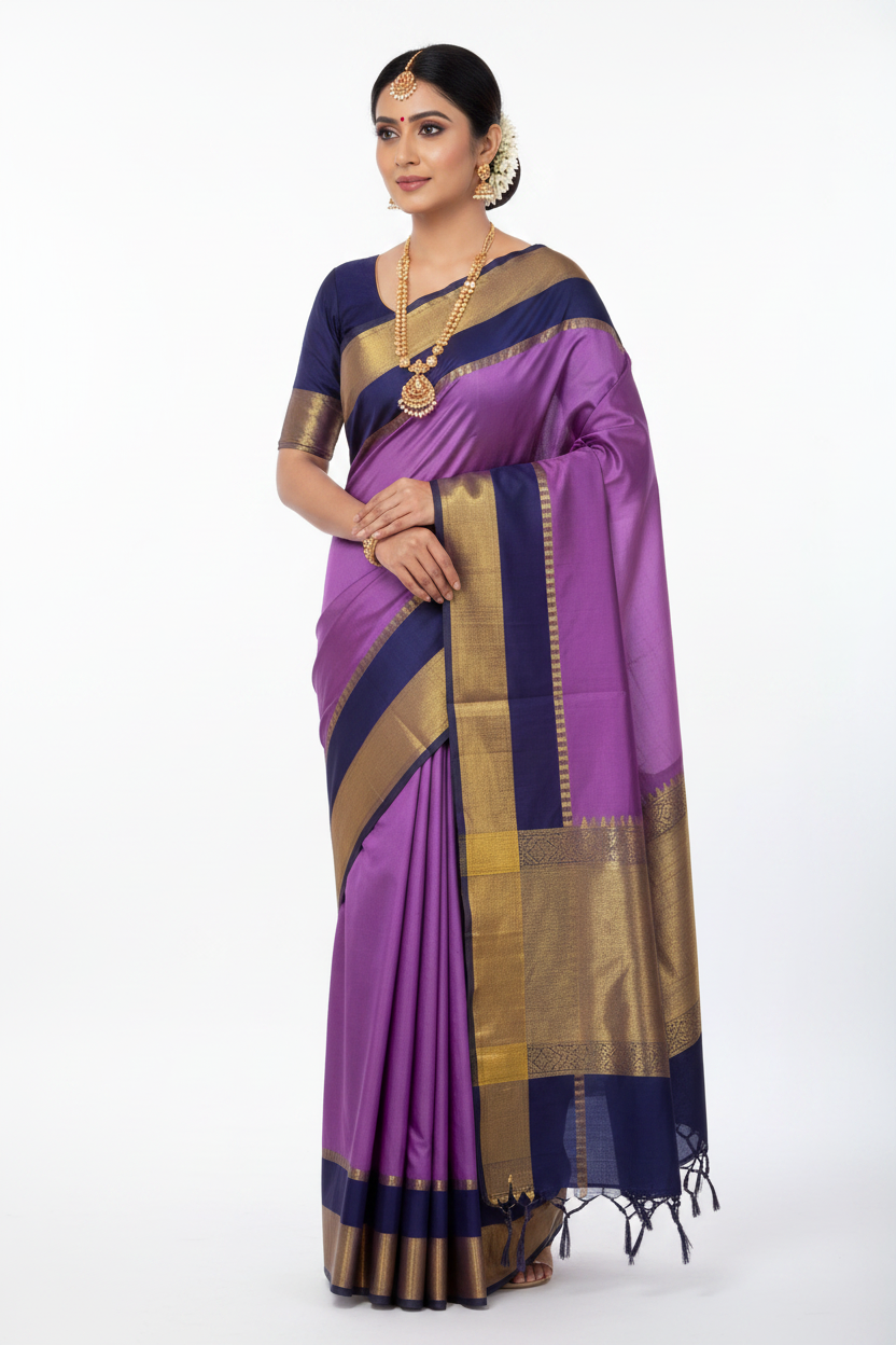 Arani Silk Saree Dark Lavender Colour with Navy Blue Border