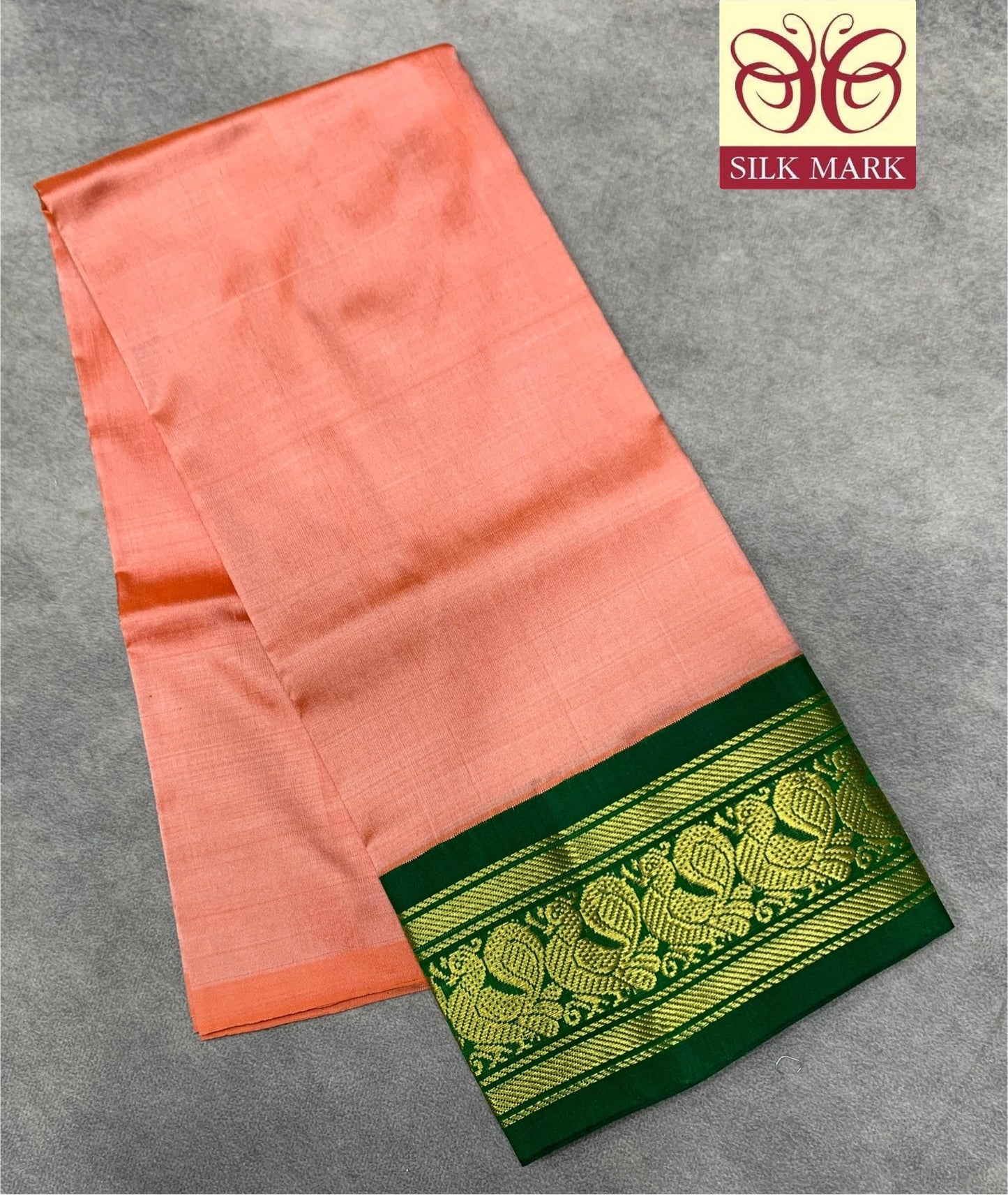 Peach Shade Pure Kanchipuram Kids Pattu Pavadai with Contrast Border for age 2 to 5
