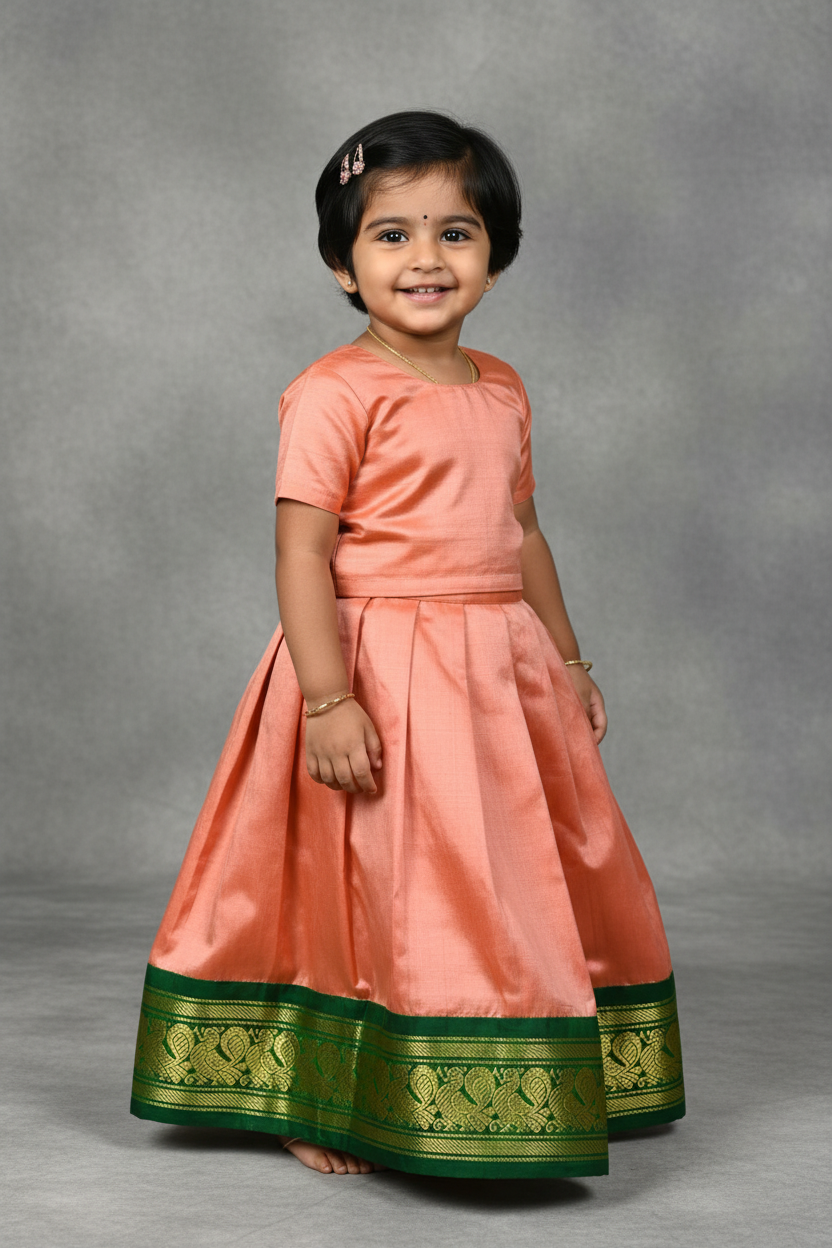 Peach Shade Pure Kanchipuram Kids Pattu Pavadai with Contrast Border for age 2 to 5