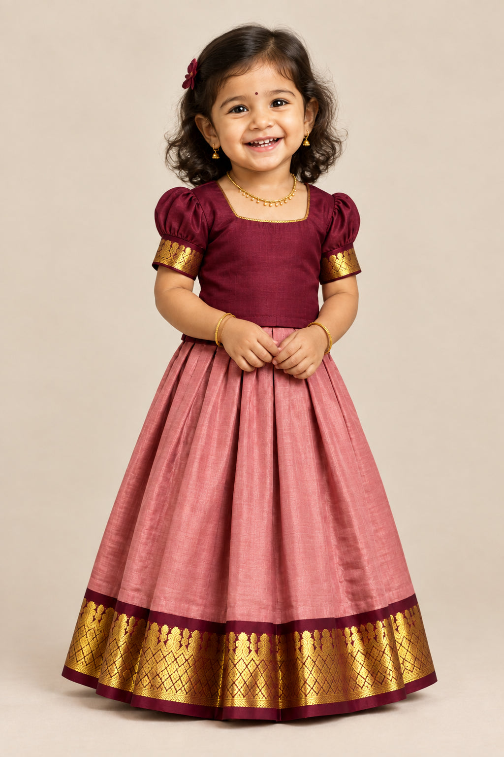 Wine Red Shade Pure Kanchipuram Kids Pattu Pavadai with Contrast Border for Newborn to 2 Years