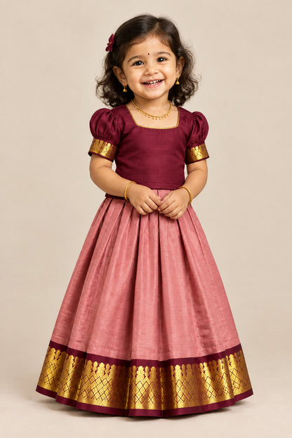 Wine Red Shade Pure Kanchipuram Kids Pattu Pavadai with Contrast Border for Newborn to 2 Years