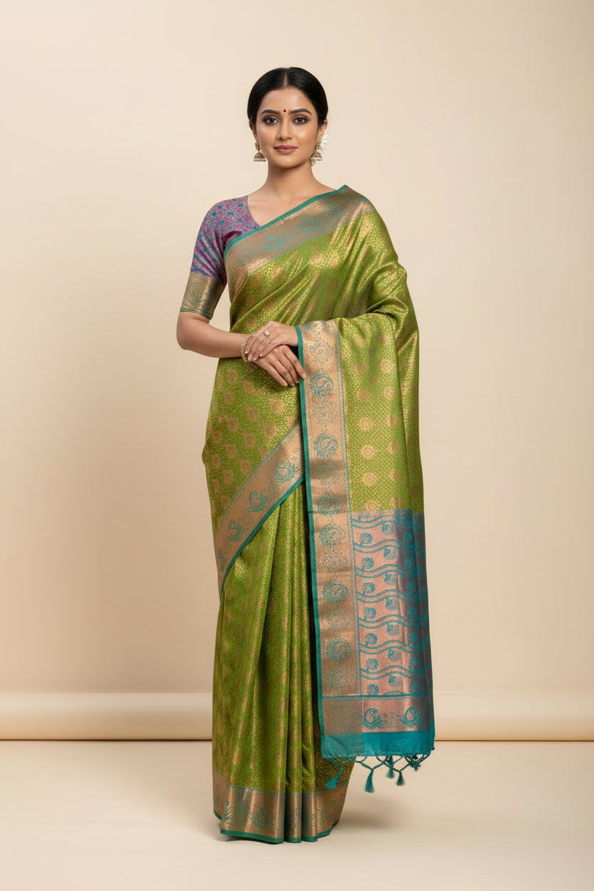 Vegan Silk Saree Lime Green Colour with Light Green and Copper Border