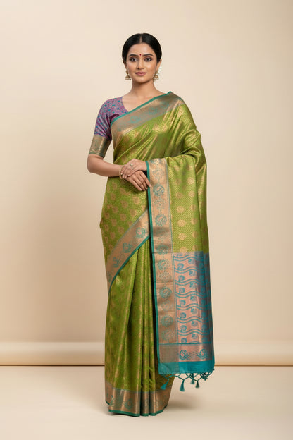 Vegan Silk Saree Lime Green Colour with Light Green and Copper Border