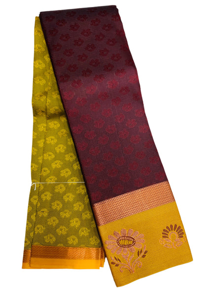 Synthetic Cotton Saree Brown Shade with Yellow Border