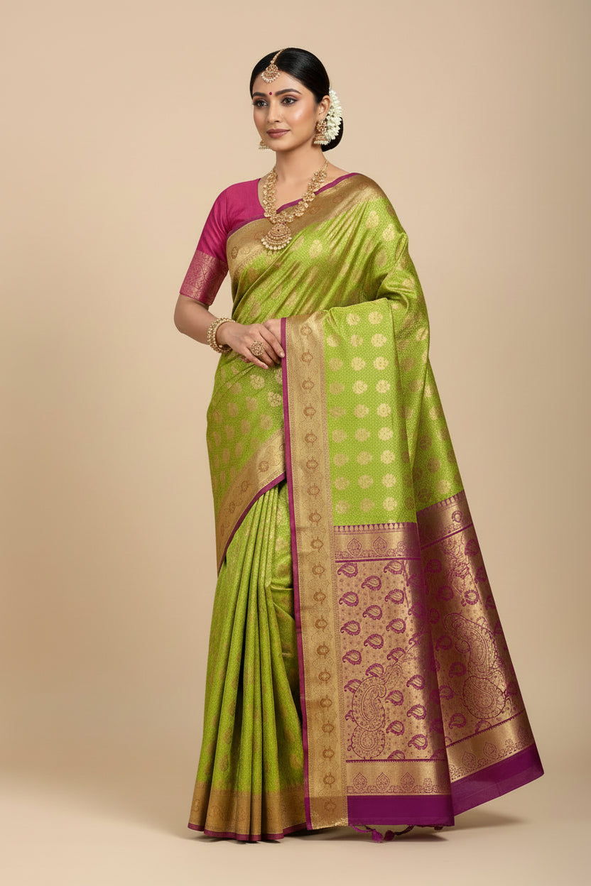 Vegan Silk Saree Lime Green Colour with Pink and Copper Border