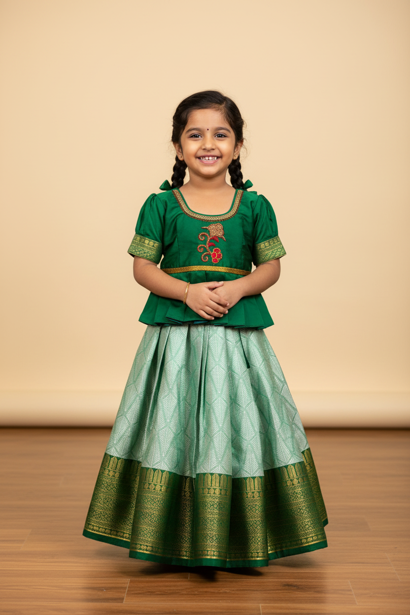 Ready To Wear Pastel Green Colour Pavadai with Contrast Green Colour Blouse