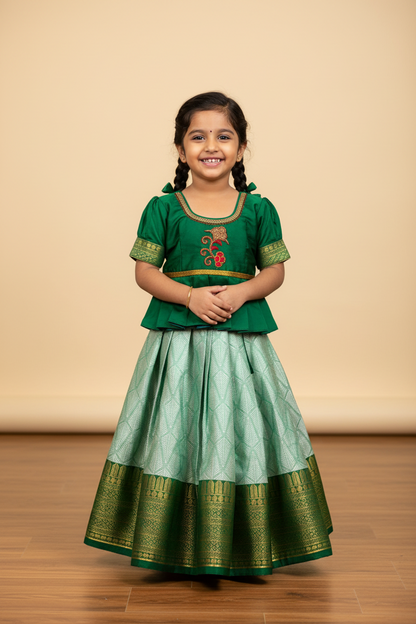Ready To Wear Pastel Green Colour Pavadai with Contrast Green Colour Blouse