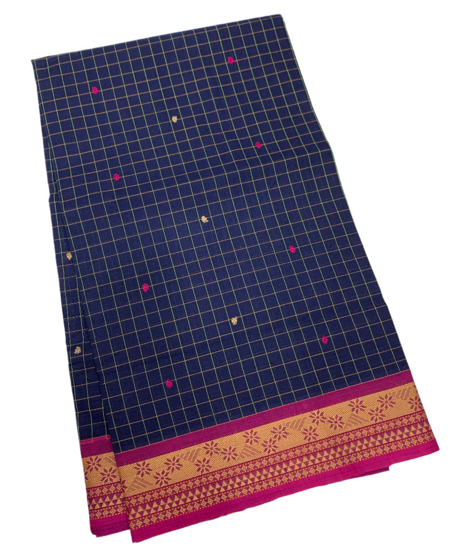 Chettinad Cotton Saree Navy Blue Shade with Pink Border