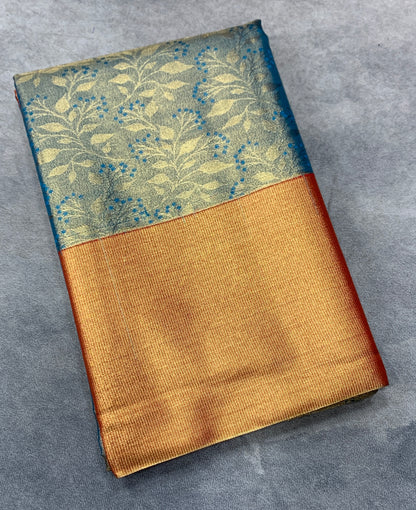 Fancy Tissue Saree Sky Blue Colour with Orange Colour Border