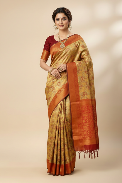 Art Silk Saree Sandal Colour with Butterfly Design