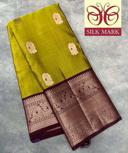 Pure Kanchipuram Silk Saree Olive Green Colour with Brown Border