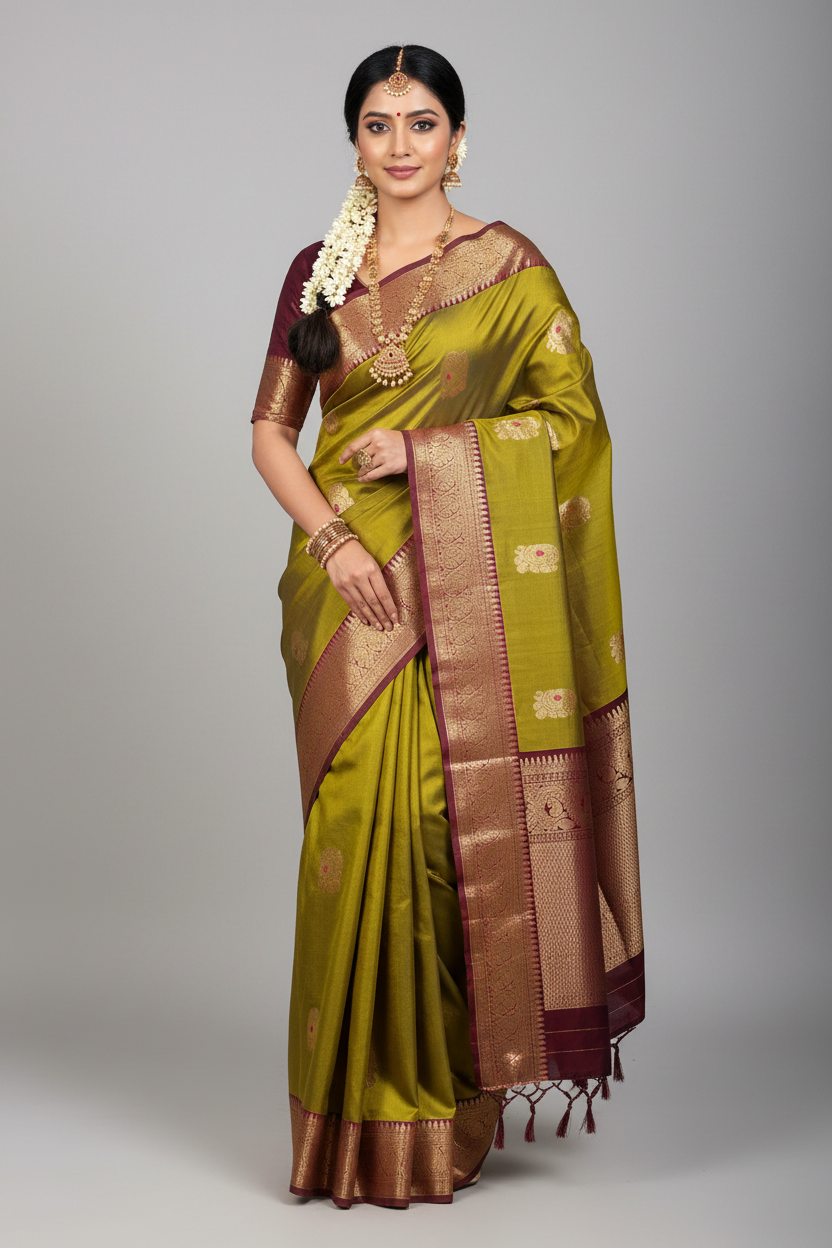 Pure Kanchipuram Silk Saree Olive Green Colour with Brown Border