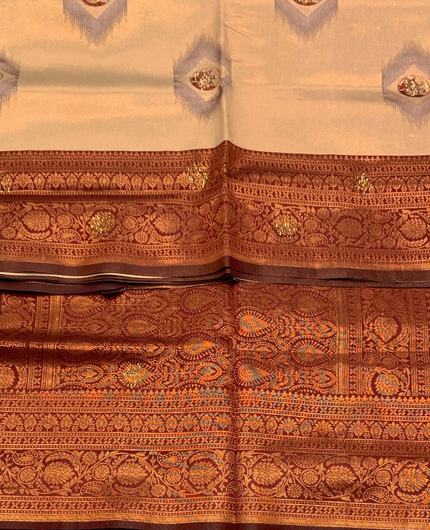 Art Silk Saree Sandal Colour and Stone Work with Brown Border