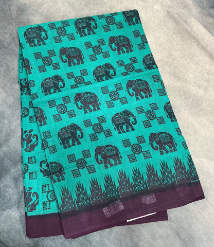 Chettinad Sungudi Cotton Rama Green Colour with Dark Purple Colour Border