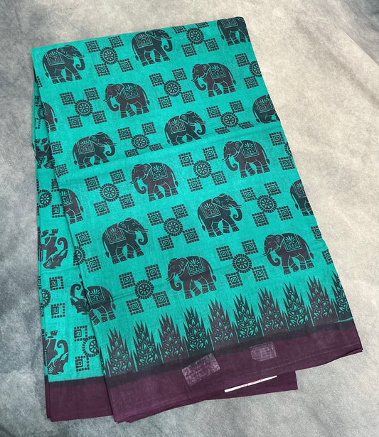Chettinad Sungudi Cotton Rama Green Colour with Dark Purple Colour Border