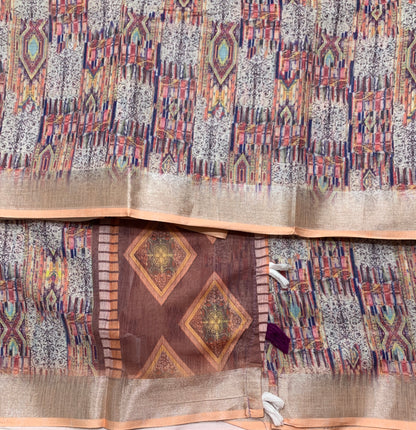 Jute Cotton Saree Multi Colour with Thread Border