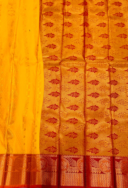 Vegan Silk Saree Golden Yellow Colour with Copper Border with Flower Design